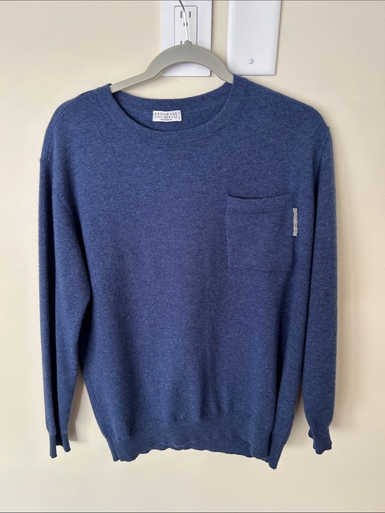 Brunello Cucinelli Tops - Brunello Cucinelli Womens Blue Crewneck Pocket Sweater